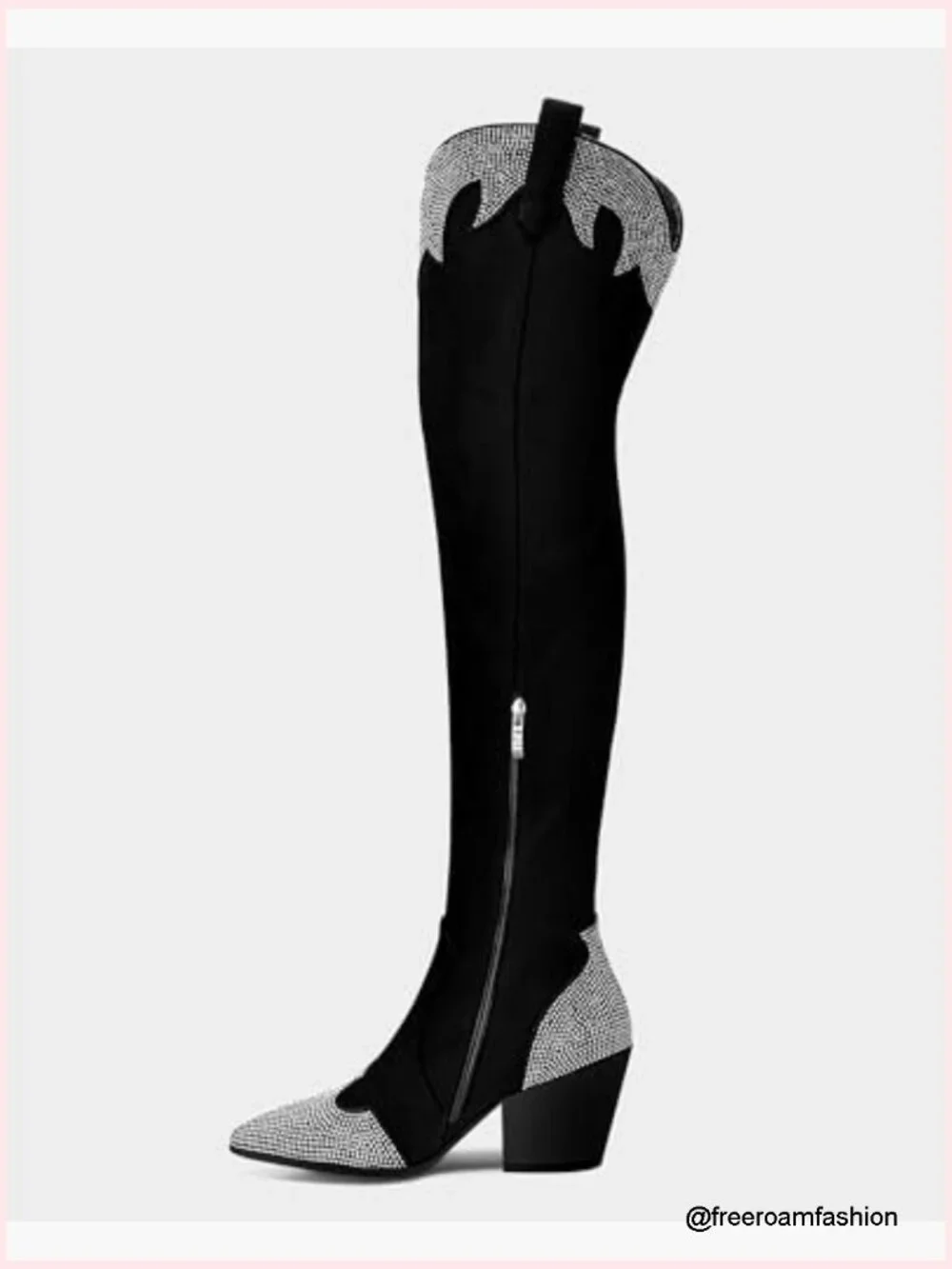 Over The Knee Cowgirl Boots with Rhinestone - Pointed Toe Chunky Heel Side